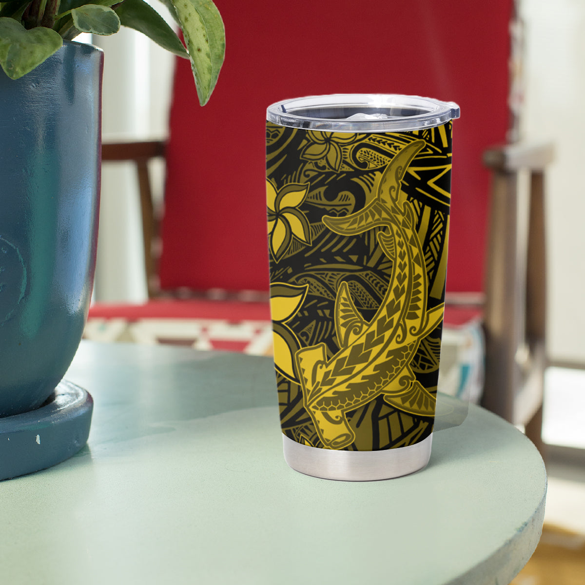 Polynesian Tumbler Cup Gold Hawaiian Tribal Hammerhead Shark LT14 - Polynesian Pride