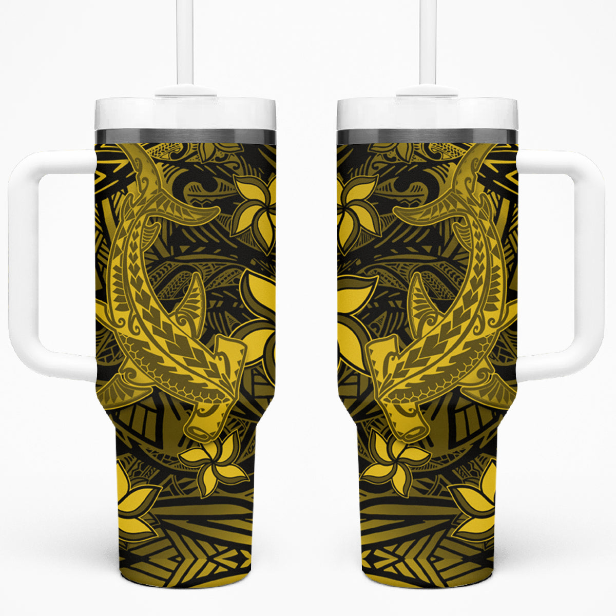 Polynesian Tumbler With Handle Gold Hawaiian Tribal Hammerhead Shark LT14 One Size: 40 oz Gold - Polynesian Pride