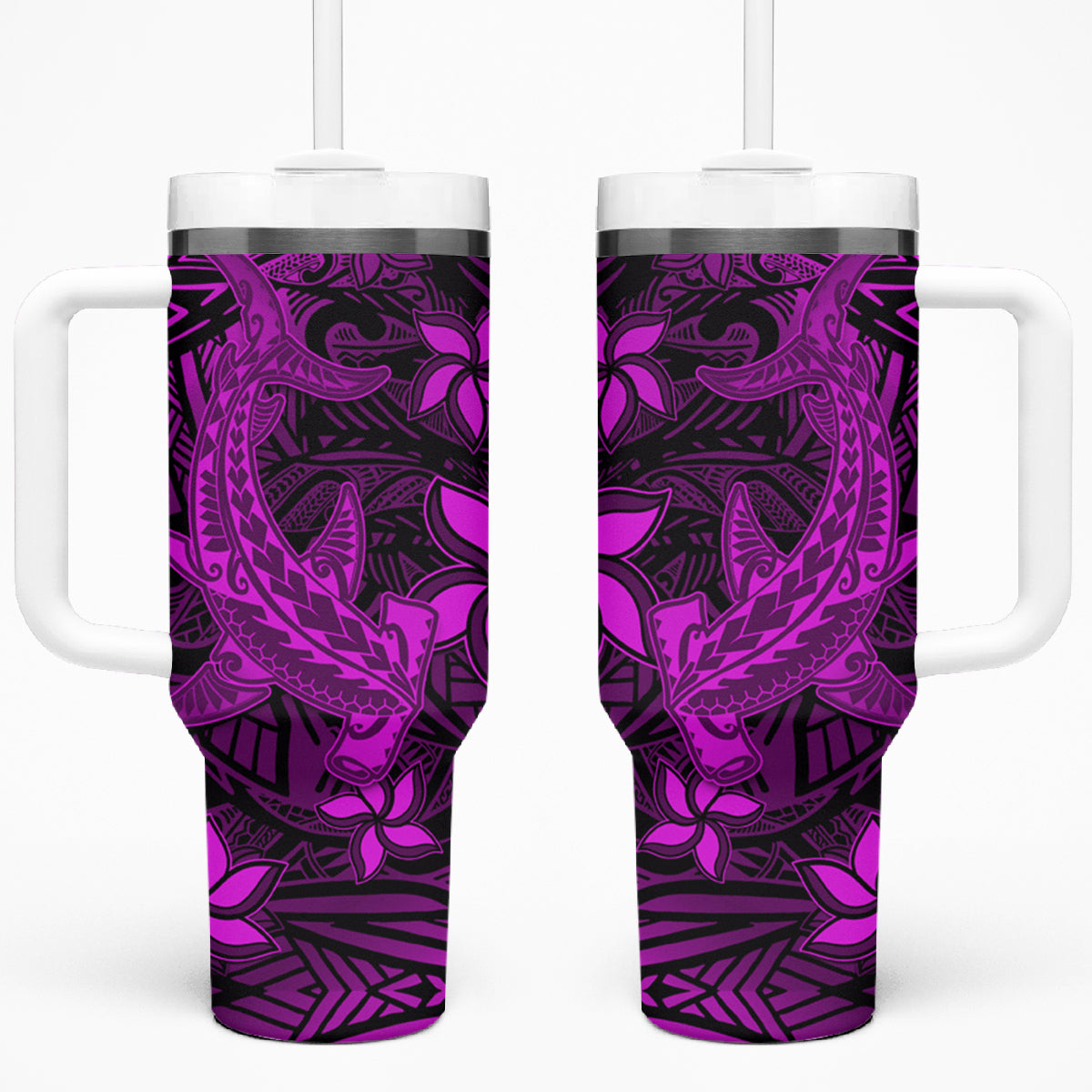 Polynesian Tumbler With Handle Pink Hawaiian Tribal Hammerhead Shark LT14 One Size: 40 oz Pink - Polynesian Pride