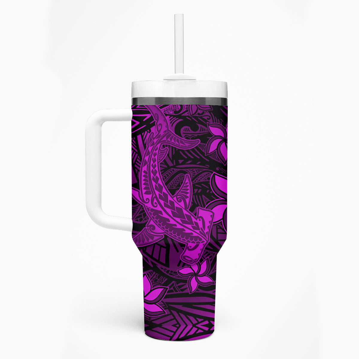 Polynesian Tumbler With Handle Pink Hawaiian Tribal Hammerhead Shark LT14 - Polynesian Pride