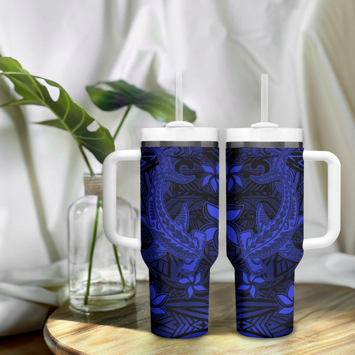 Polynesian Tumbler With Handle Blue Hawaiian Tribal Hammerhead Shark LT14 - Polynesian Pride