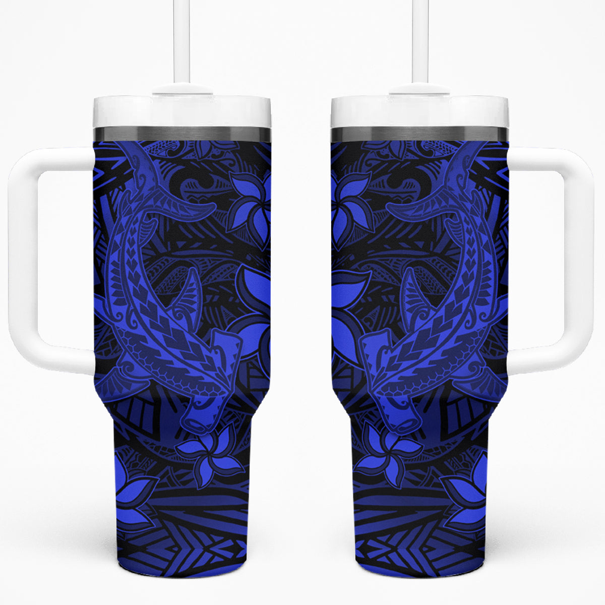 Polynesian Tumbler With Handle Blue Hawaiian Tribal Hammerhead Shark LT14 One Size: 40 oz Blue - Polynesian Pride
