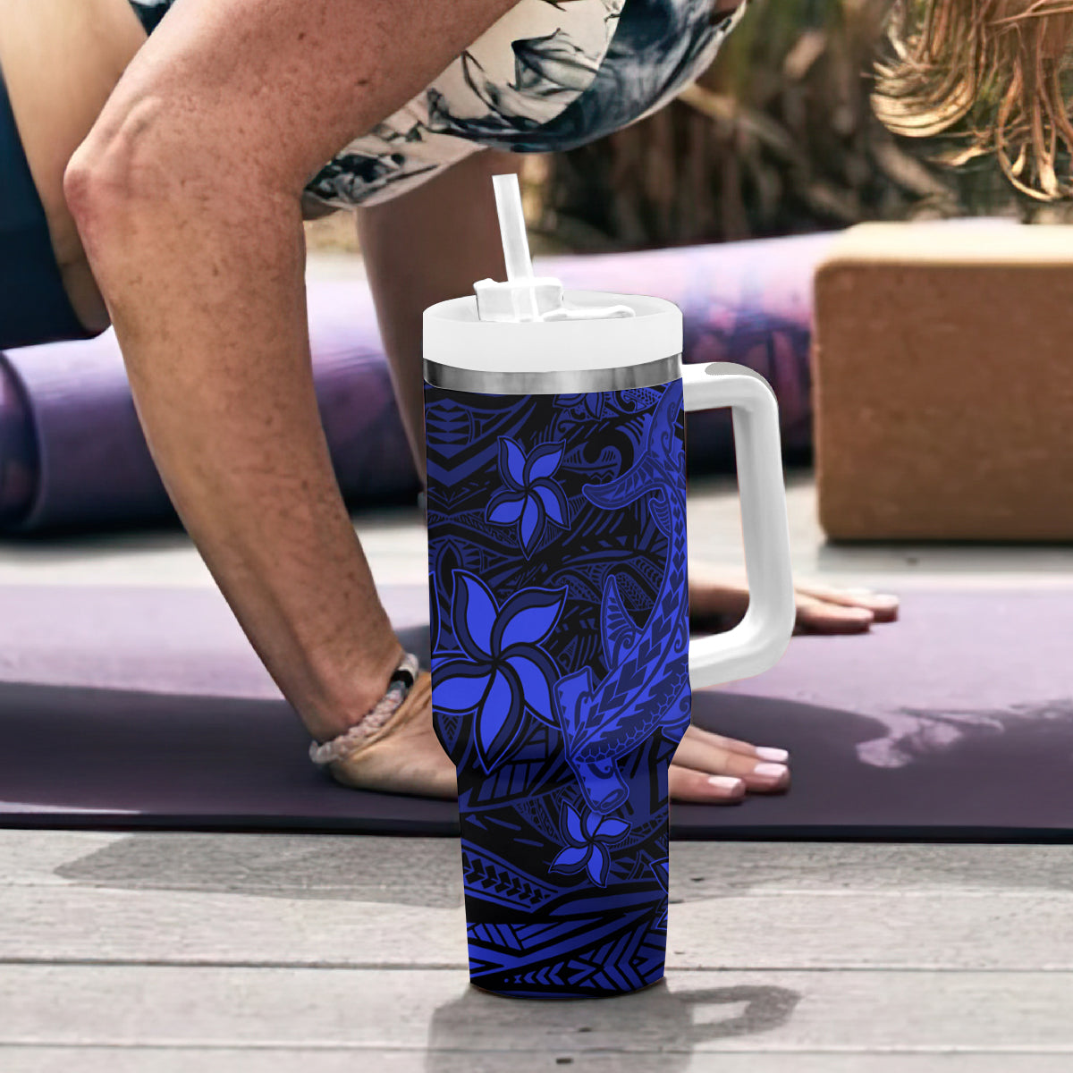 Polynesian Tumbler With Handle Blue Hawaiian Tribal Hammerhead Shark LT14 - Polynesian Pride