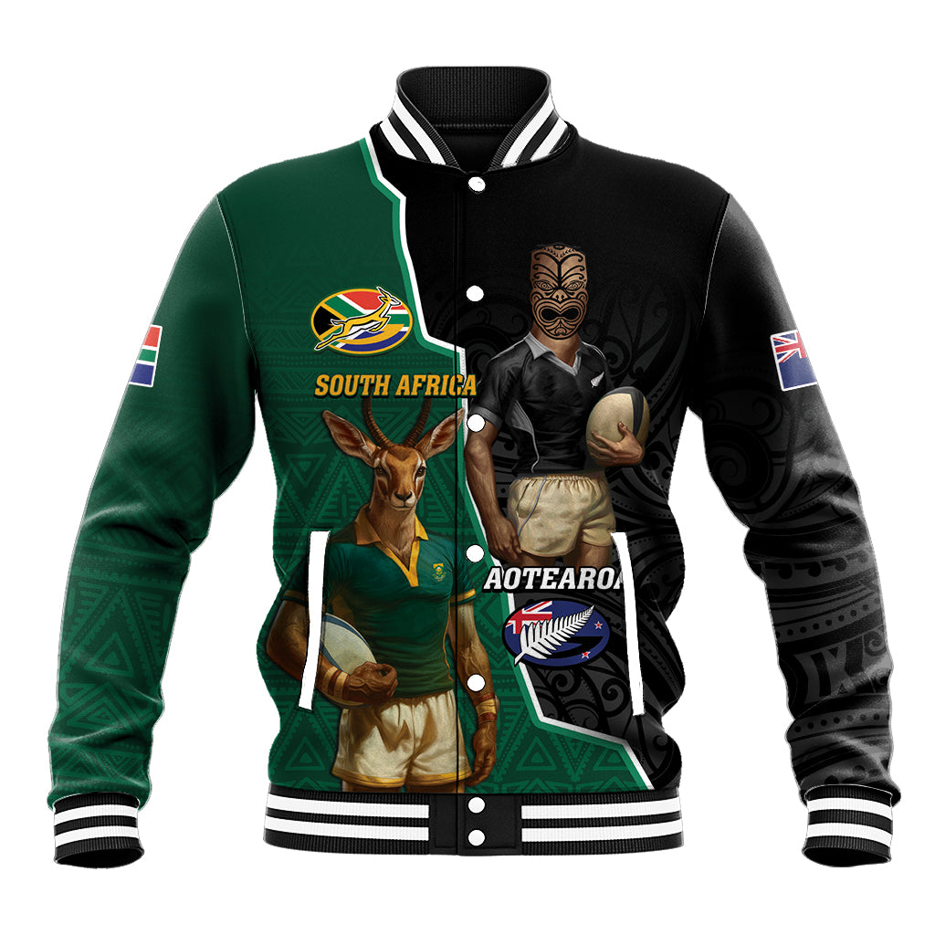 Personalised New Zealand And South Africa Rugby Baseball Jacket 2024 All Black Springboks Mascots Together LT14 Unisex Green - Polynesian Pride