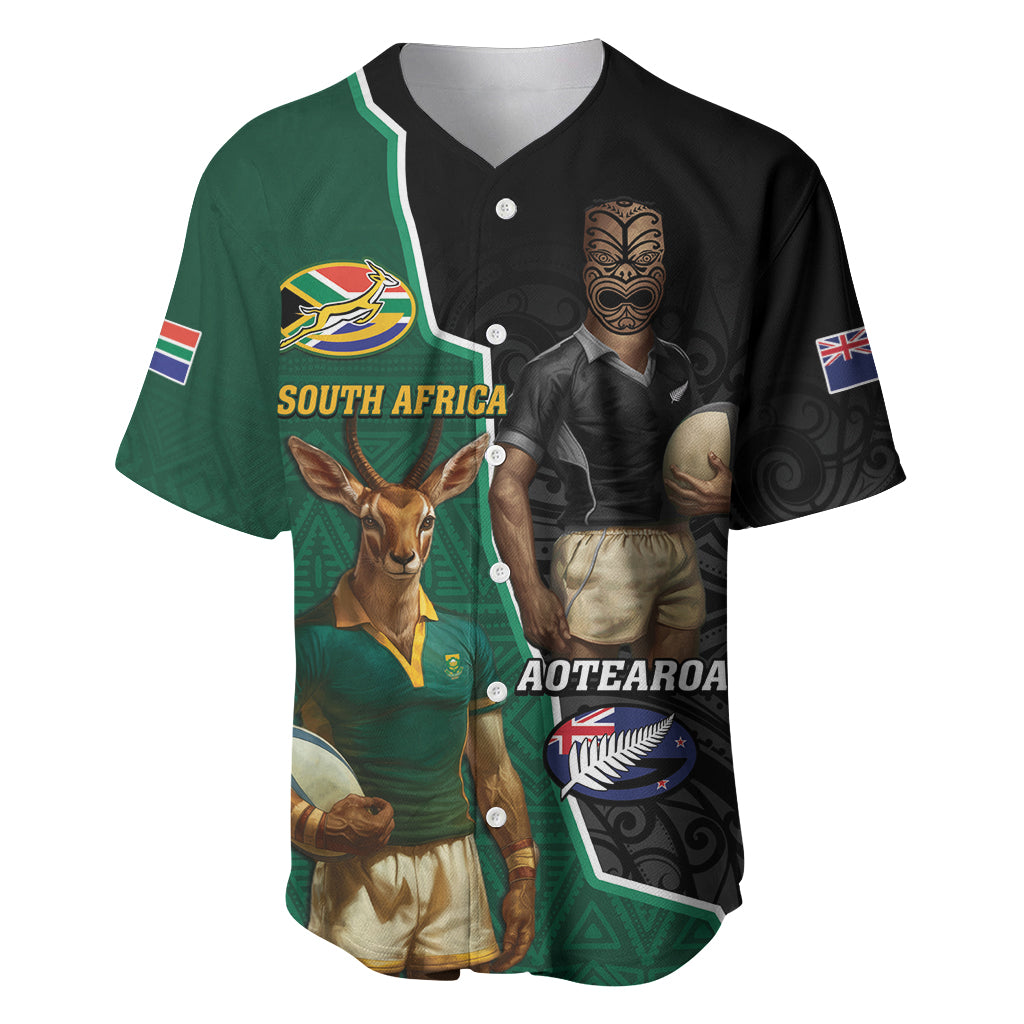 Personalised New Zealand And South Africa Rugby Baseball Jersey 2024 All Black Springboks Mascots Together LT14 Green - Polynesian Pride