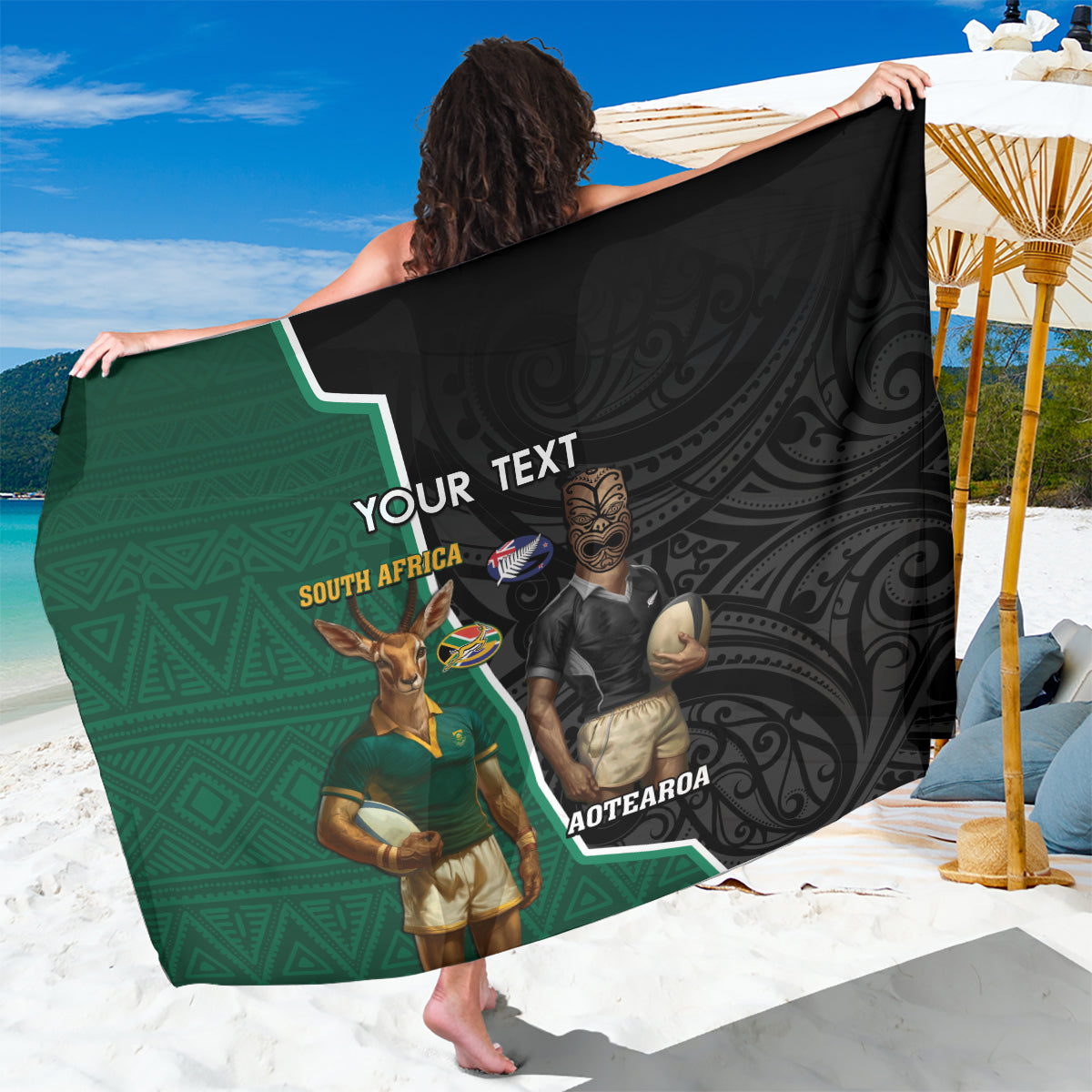 Personalised New Zealand And South Africa Rugby Sarong 2024 All Black Springboks Mascots Together LT14 One Size 44 x 66 inches Green - Polynesian Pride