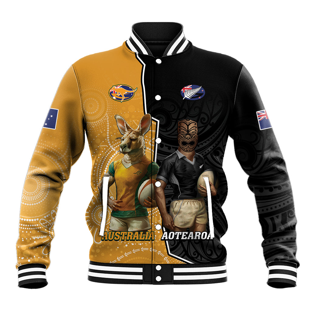 Personalised New Zealand And Australia Rugby Baseball Jacket 2024 All Black Wallabies Mascots Together LT14 Unisex Black - Polynesian Pride