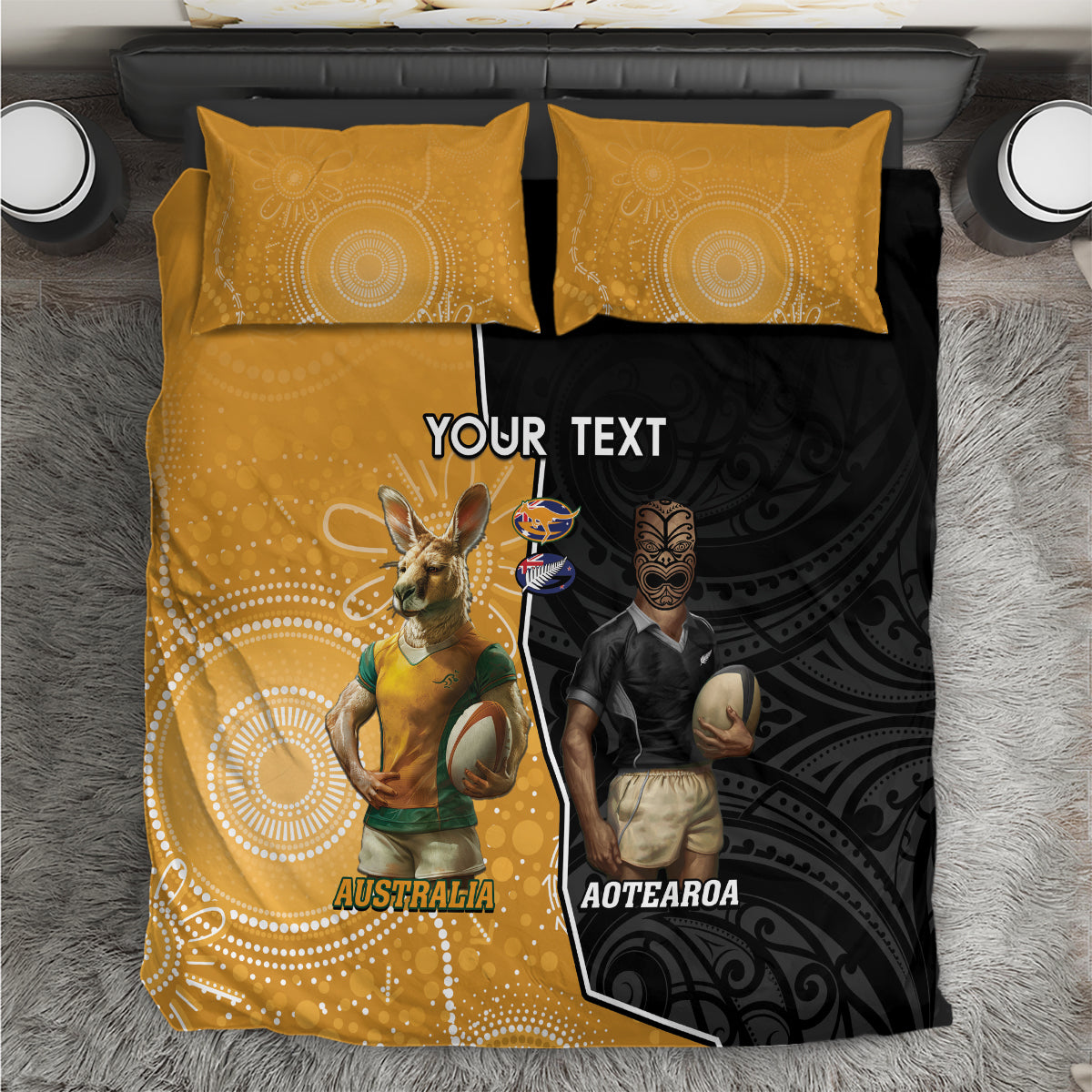 Personalised New Zealand And Australia Rugby Bedding Set 2024 All Black Wallabies Mascots Together LT14 Black - Polynesian Pride