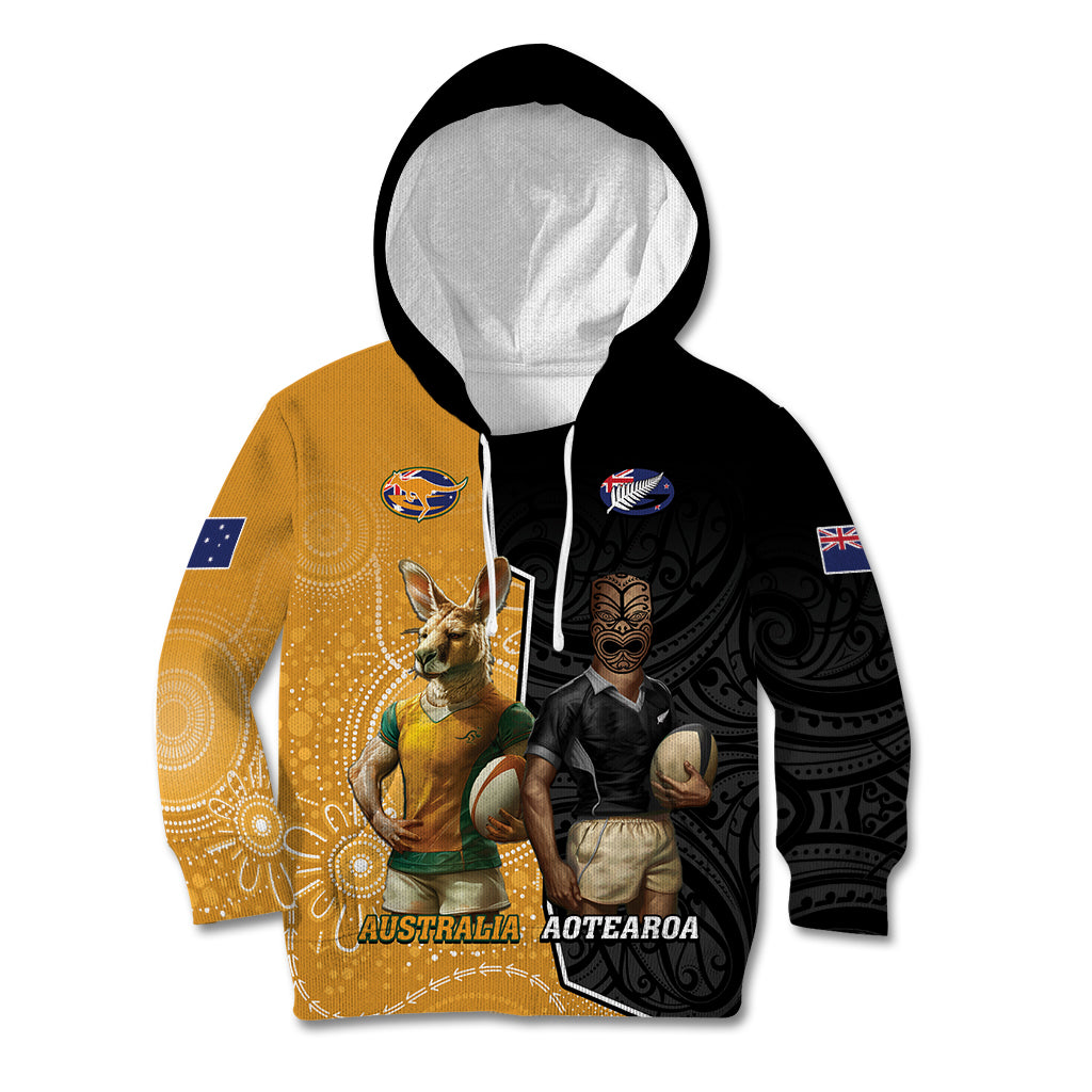 Personalised New Zealand And Australia Rugby Kid Hoodie 2024 All Black Wallabies Mascots Together