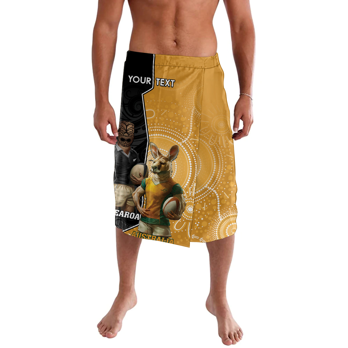 Personalised New Zealand And Australia Rugby Lavalava 2024 All Black Wallabies Mascots Together LT14 Black - Polynesian Pride