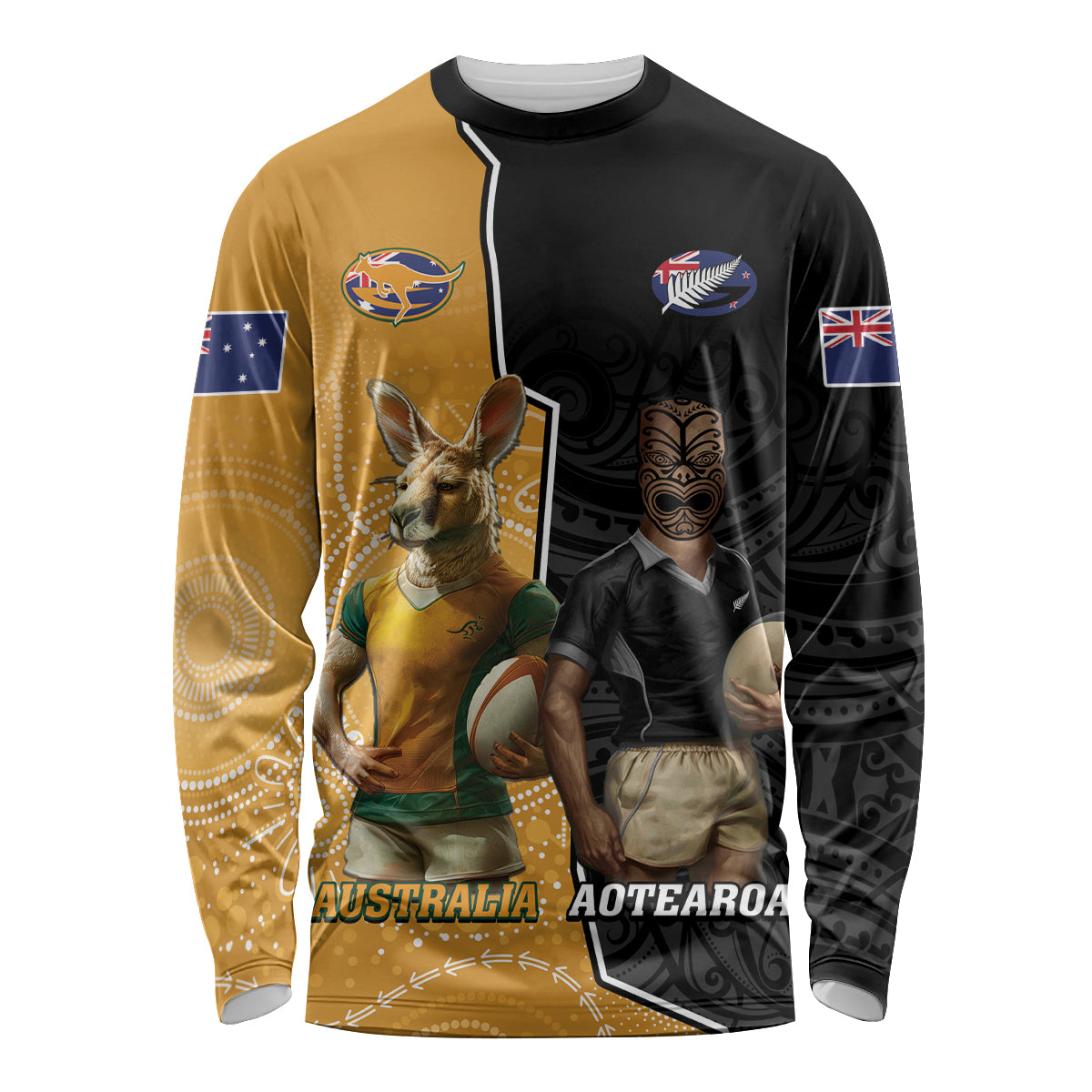 Personalised New Zealand And Australia Rugby Long Sleeve Shirt 2024 All Black Wallabies Mascots Together LT14 Unisex Black - Polynesian Pride