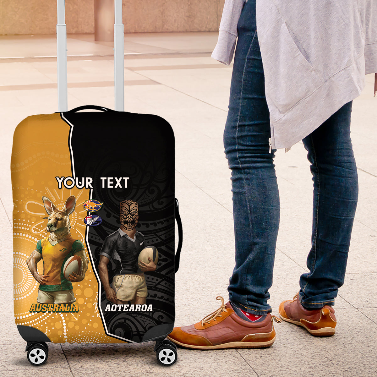 Personalised New Zealand And Australia Rugby Luggage Cover 2024 All Black Wallabies Mascots Together LT14 Black - Polynesian Pride