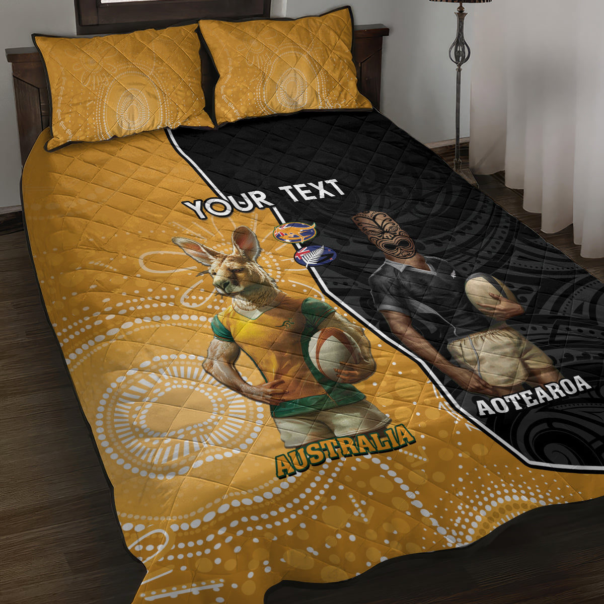 Personalised New Zealand And Australia Rugby Quilt Bed Set 2024 All Black Wallabies Mascots Together LT14 Black - Polynesian Pride