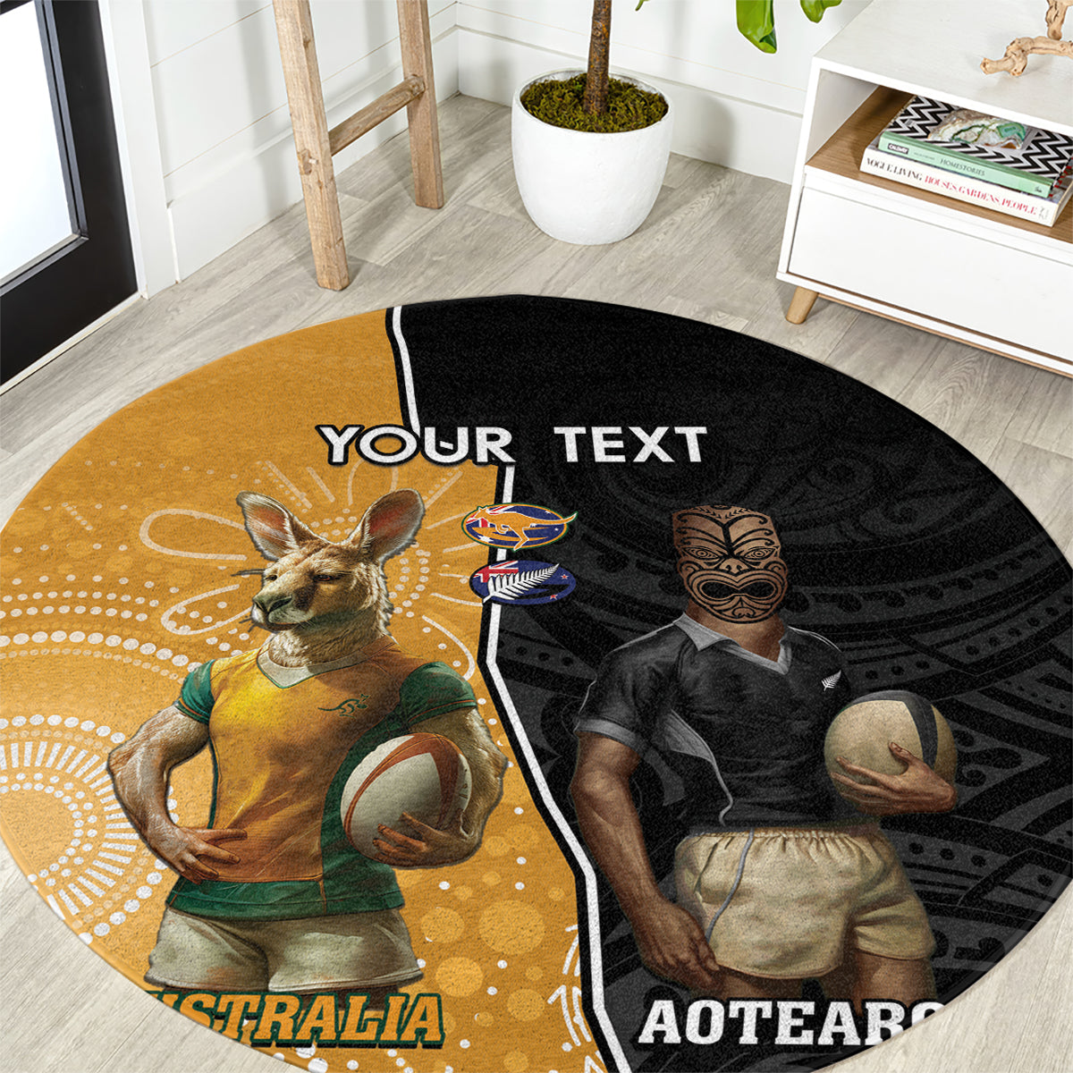 Personalised New Zealand And Australia Rugby Round Carpet 2024 All Black Wallabies Mascots Together LT14 Black - Polynesian Pride