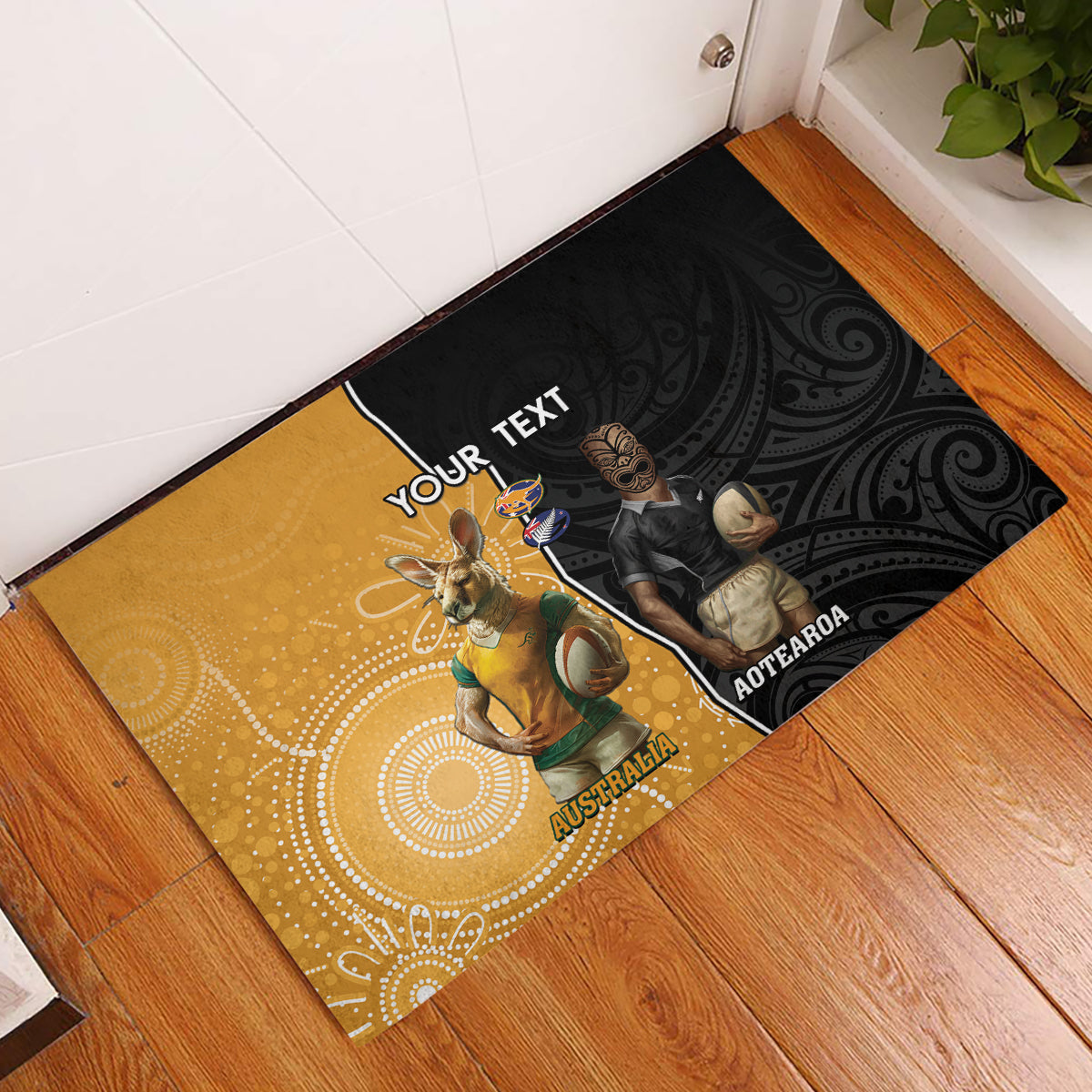 Personalised New Zealand And Australia Rugby Rubber Doormat 2024 All Black Wallabies Mascots Together LT14 Black - Polynesian Pride