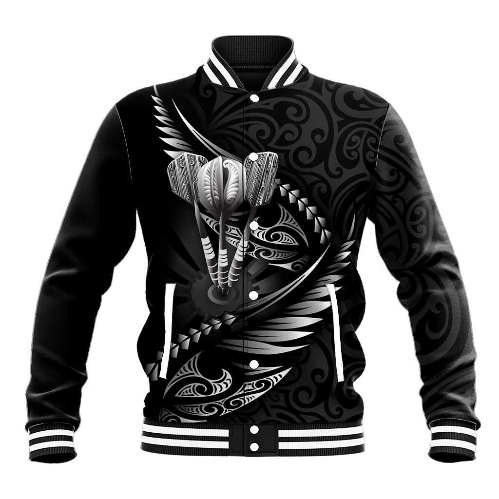 Personalised All Black New Zealand Darts Baseball Jacket Aoteroa Fern Maori Galaxy Style LT14 Unisex Black - Polynesian Pride