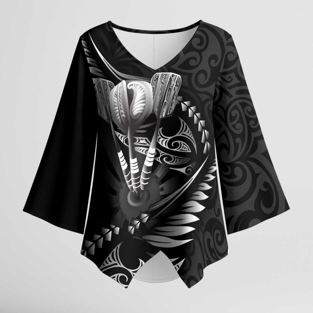 Personalised All Black New Zealand Darts Kimono Sleeve Blouse Aoteroa Fern Maori Galaxy Style LT14 Female Black - Polynesian Pride