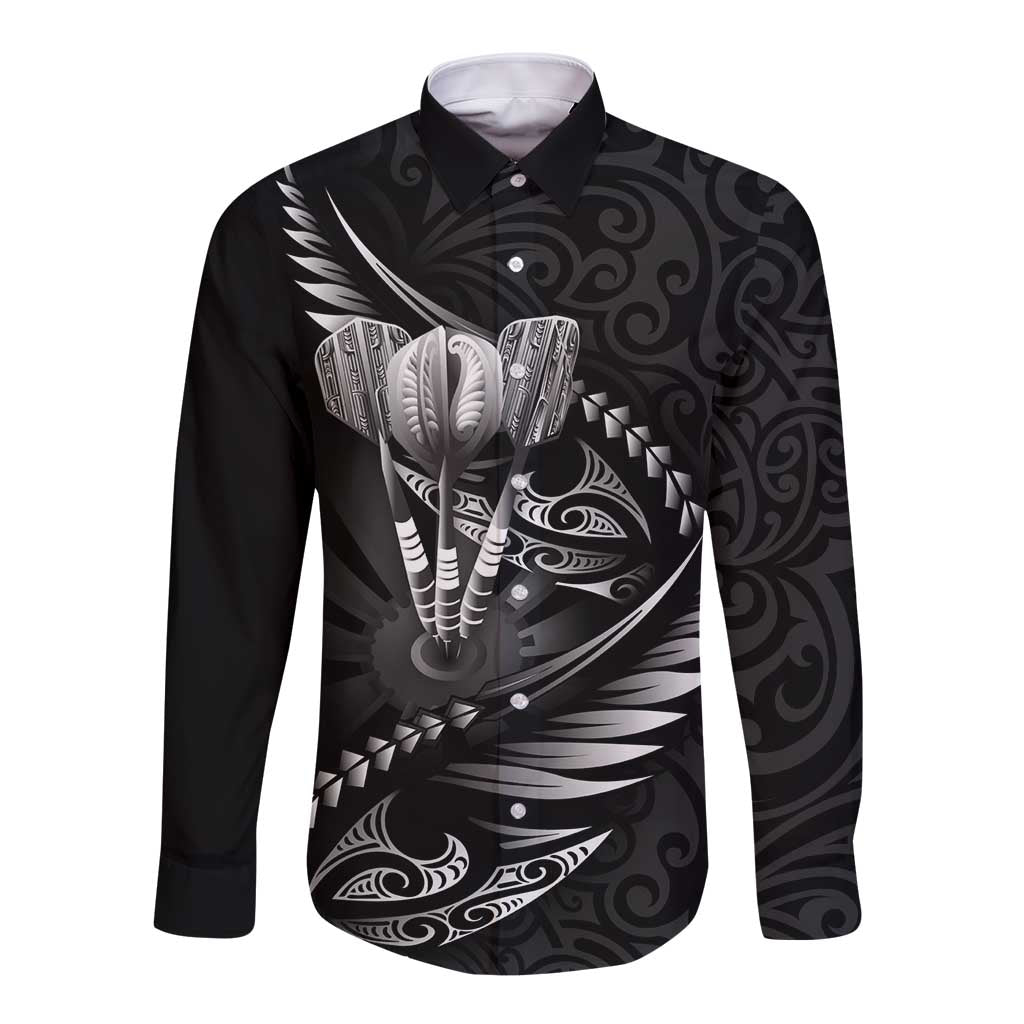 Personalised All Black New Zealand Darts Long Sleeve Button Shirt Aoteroa Fern Maori Galaxy Style LT14 Unisex Black - Polynesian Pride