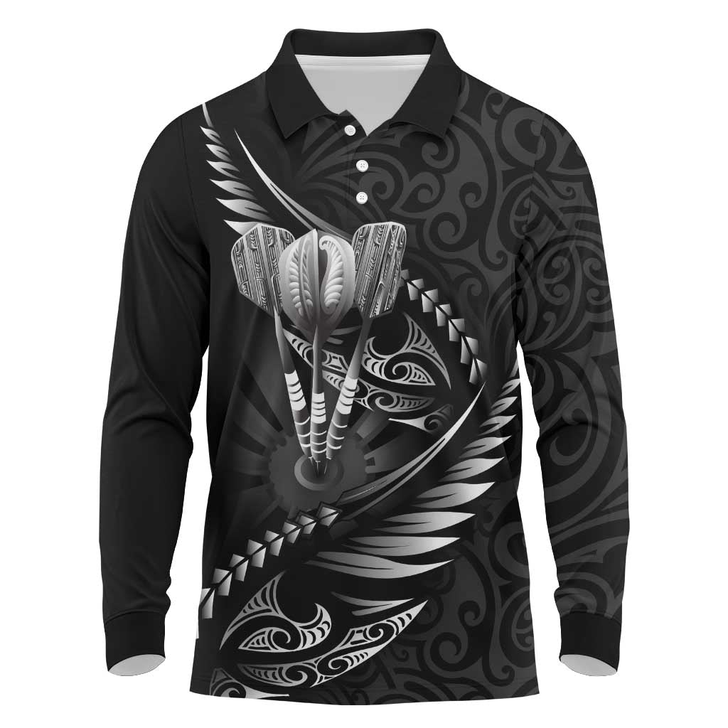 Personalised All Black New Zealand Darts Long Sleeve Polo Shirt Aoteroa Fern Maori Galaxy Style LT14 Black - Polynesian Pride