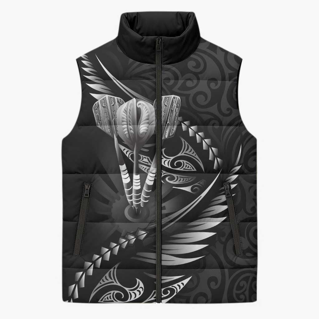Personalised All Black New Zealand Darts Sleeveless Puffer Jacket Aoteroa Fern Maori Galaxy Style LT14 Unisex Black - Polynesian Pride