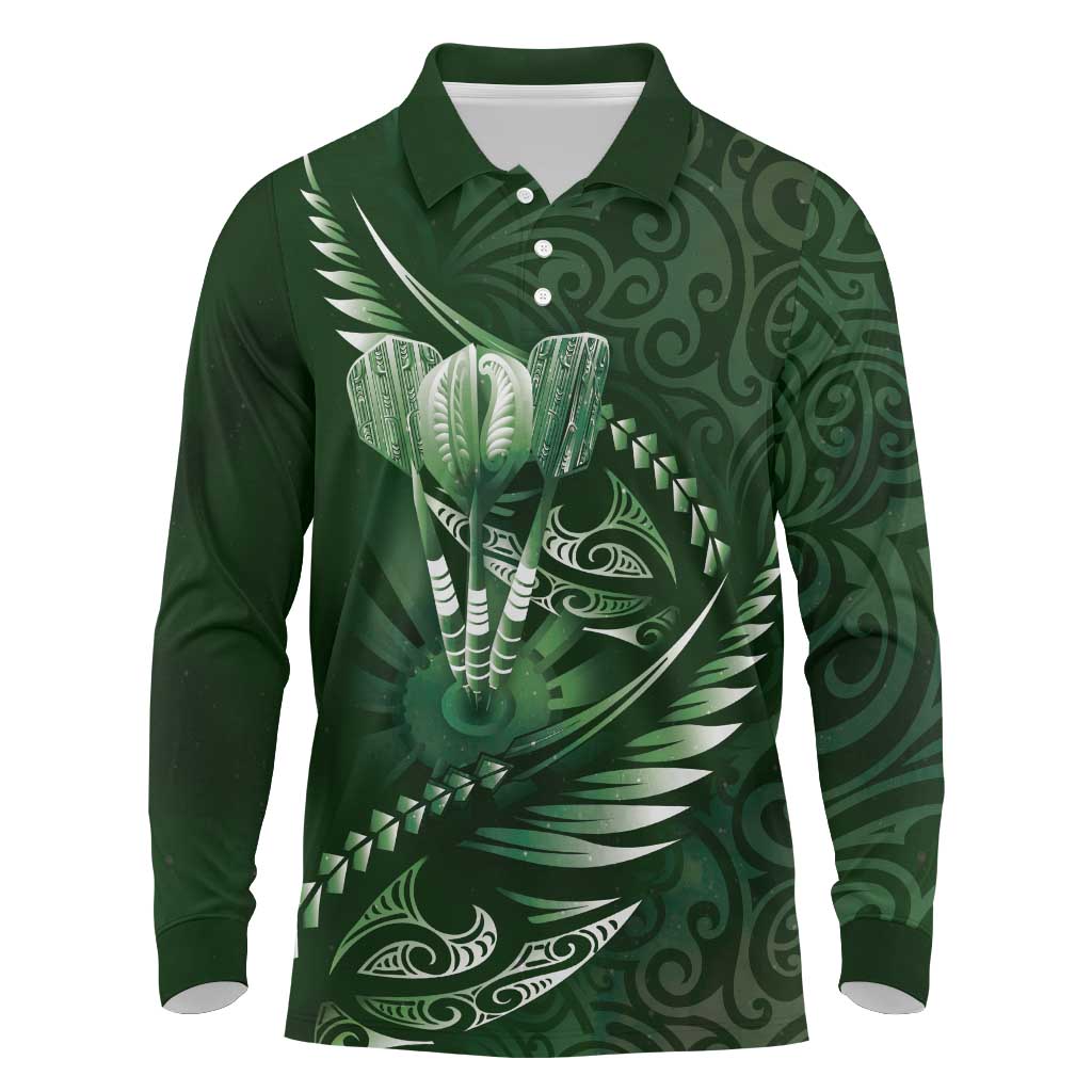 Personalised All Green New Zealand Darts Long Sleeve Polo Shirt Aoteroa Fern Maori Galaxy Style LT14 Green - Polynesian Pride