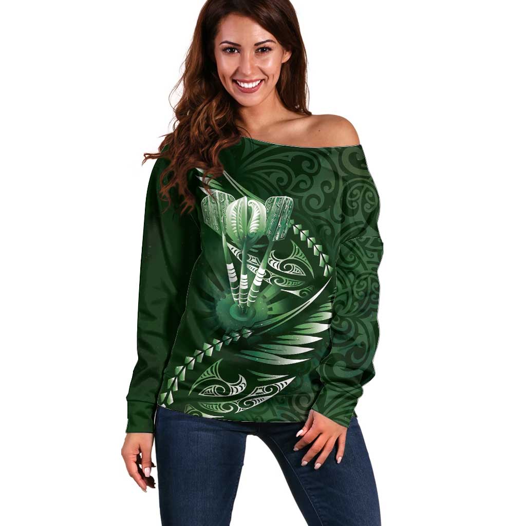 Personalised All Green New Zealand Darts Off Shoulder Sweater Aoteroa Fern Maori Galaxy Style LT14 Women Green - Polynesian Pride