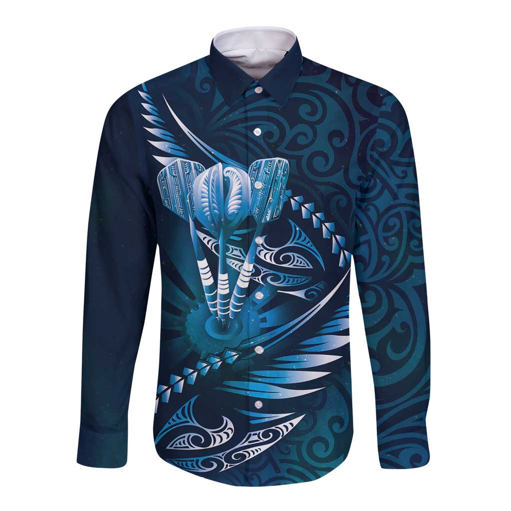 Personalised All Blue New Zealand Darts Long Sleeve Button Shirt Aoteroa Fern Maori Galaxy Style LT14 Unisex Blue - Polynesian Pride