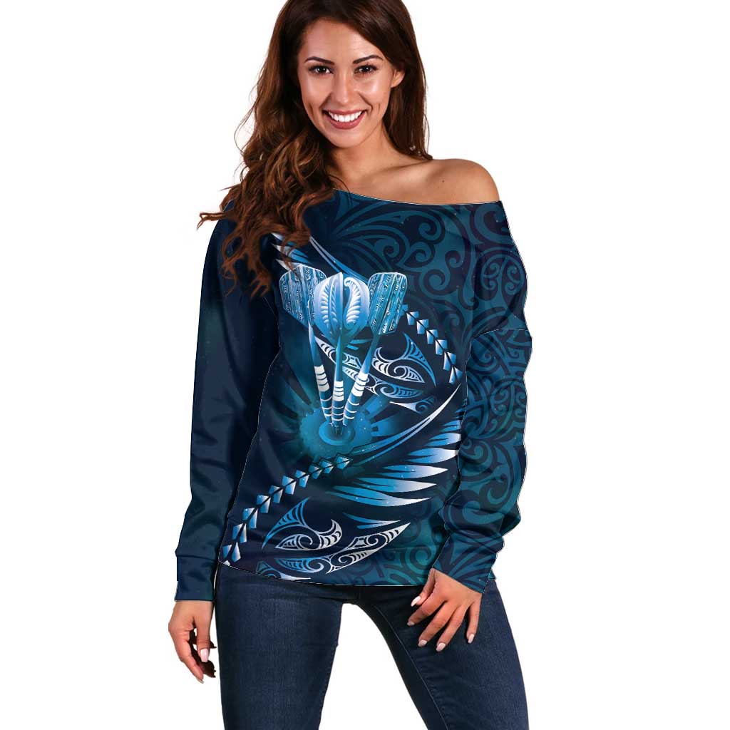 Personalised All Blue New Zealand Darts Off Shoulder Sweater Aoteroa Fern Maori Galaxy Style LT14 Women Blue - Polynesian Pride