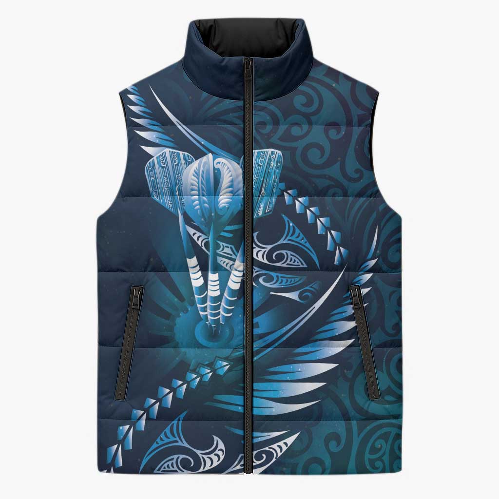 Personalised All Blue New Zealand Darts Sleeveless Puffer Jacket Aoteroa Fern Maori Galaxy Style LT14 Unisex Blue - Polynesian Pride