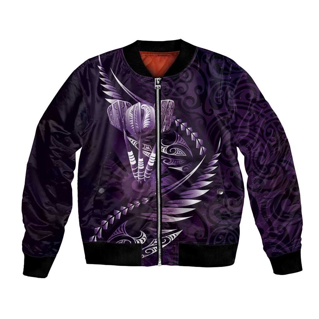Personalised All Purple New Zealand Darts Bomber Jacket Aoteroa Fern Maori Galaxy Style LT14 Unisex Purple - Polynesian Pride