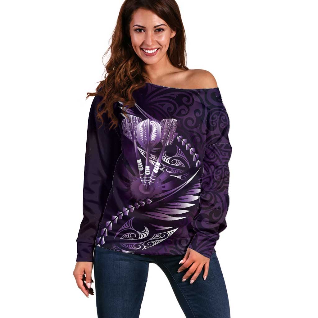 Personalised All Purple New Zealand Darts Off Shoulder Sweater Aoteroa Fern Maori Galaxy Style LT14 Women Purple - Polynesian Pride