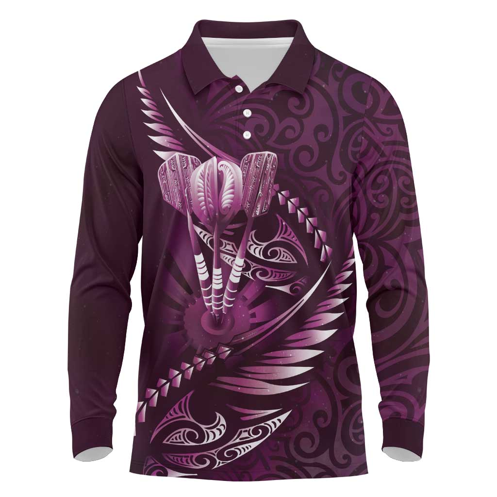 Personalised All Pink New Zealand Darts Long Sleeve Polo Shirt Aoteroa Fern Maori Galaxy Style LT14 Pink - Polynesian Pride