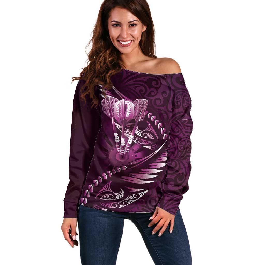 Personalised All Pink New Zealand Darts Off Shoulder Sweater Aoteroa Fern Maori Galaxy Style LT14 Women Pink - Polynesian Pride