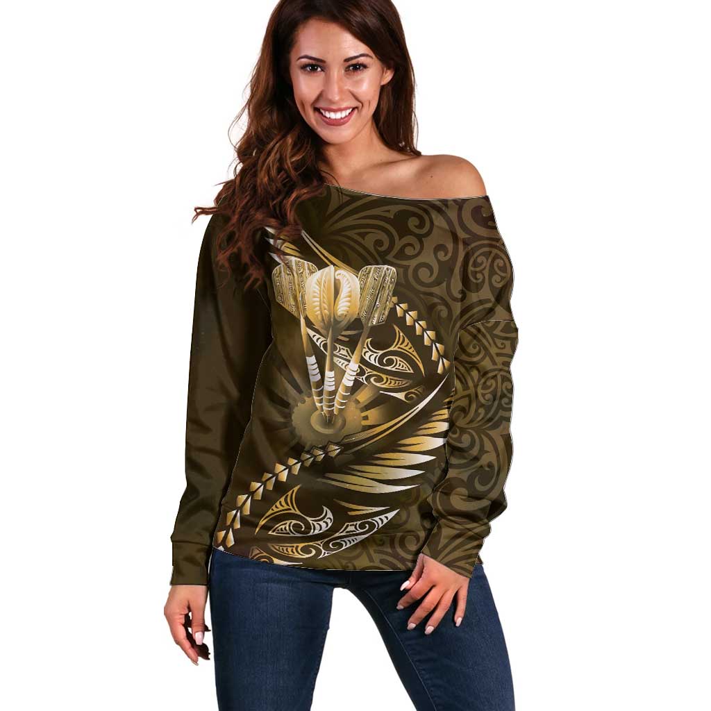 Personalised All Gold New Zealand Darts Off Shoulder Sweater Aoteroa Fern Maori Galaxy Style LT14 Women Gold - Polynesian Pride