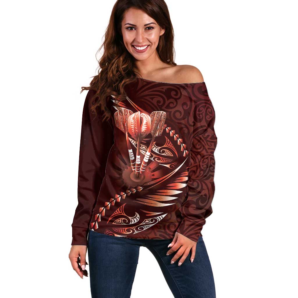 Personalised All Red New Zealand Darts Off Shoulder Sweater Aoteroa Fern Maori Galaxy Style LT14 Women Red - Polynesian Pride