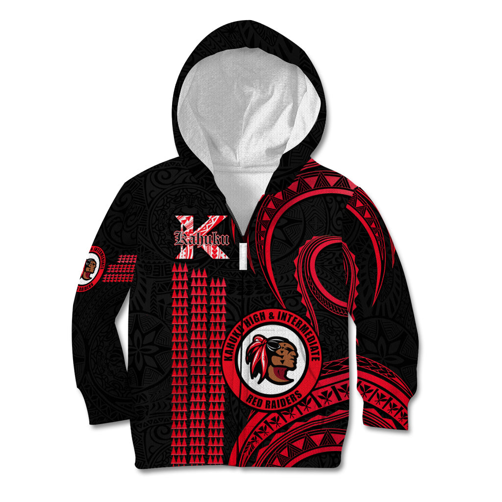 Personalised Hawaii Kahuku High And Intermediate School Kid Hoodie Red Raiders Kakau Pattern LT14 Zip Hoodie Red - Polynesian Pride