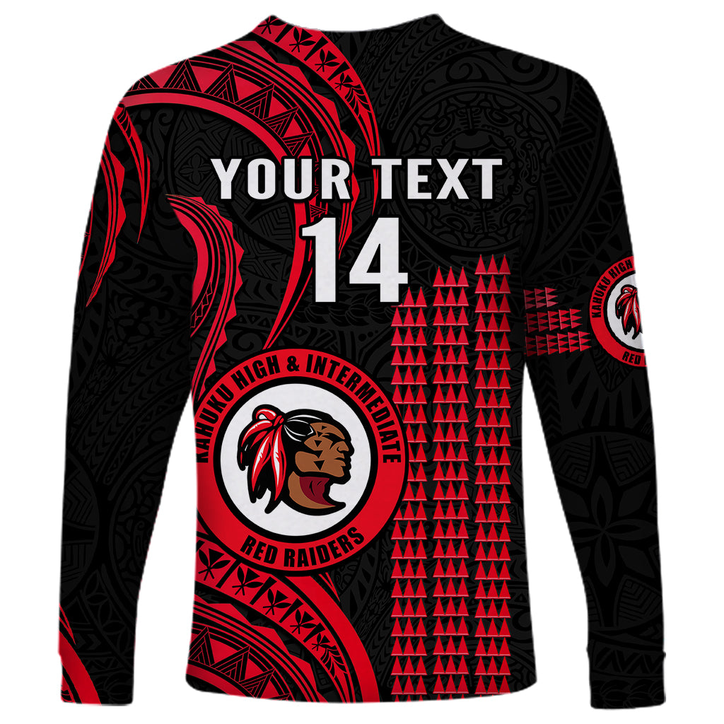 Personalised Hawaii Kahuku High And Intermediate School Long Sleeve Shirt Red Raiders Kakau Pattern LT14 - Polynesian Pride