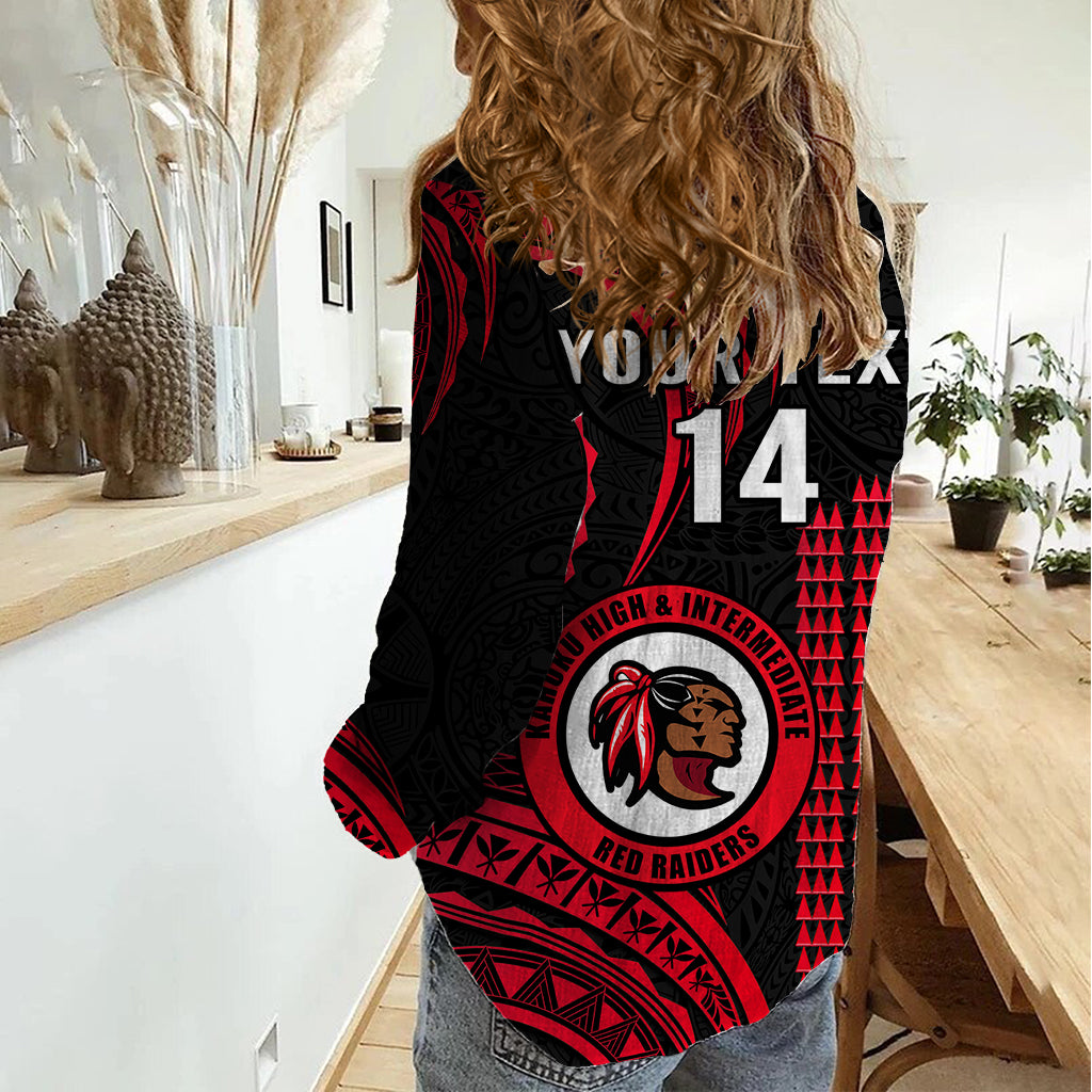 Personalised Hawaii Kahuku High And Intermediate School Women Casual Shirt Red Raiders Kakau Pattern LT14 - Polynesian Pride