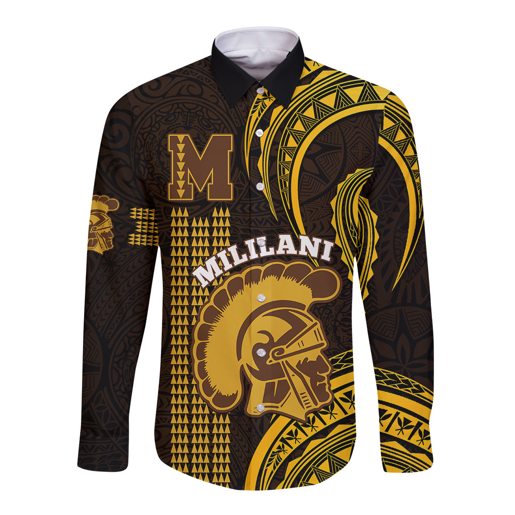 Personalised Hawaii Mililani High School Long Sleeve Button Shirt Polynesian Kakau Pattern LT14 Unisex Gold - Polynesian Pride