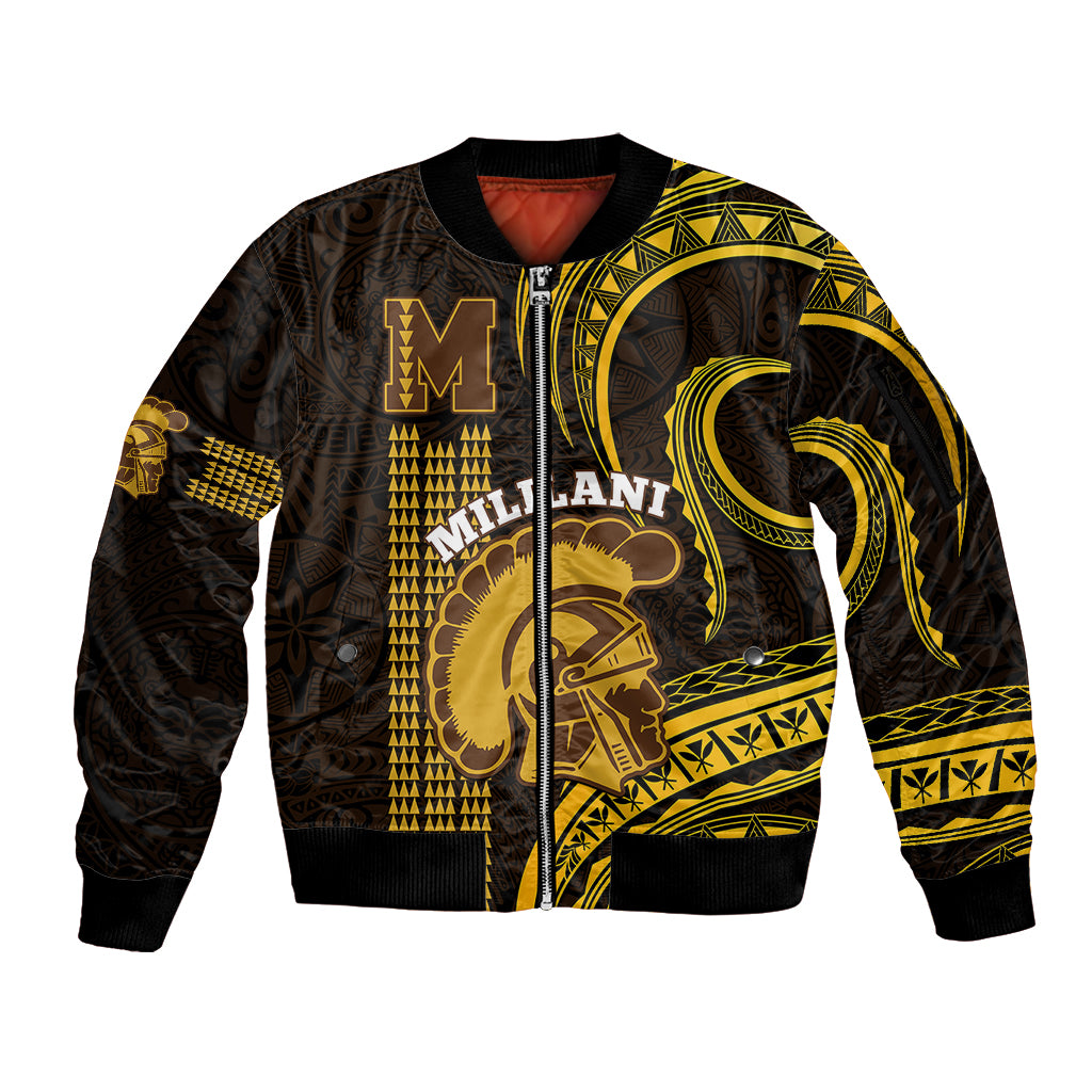 Personalised Hawaii Mililani High School Sleeve Zip Bomber Jacket Polynesian Kakau Pattern LT14 Unisex Gold - Polynesian Pride