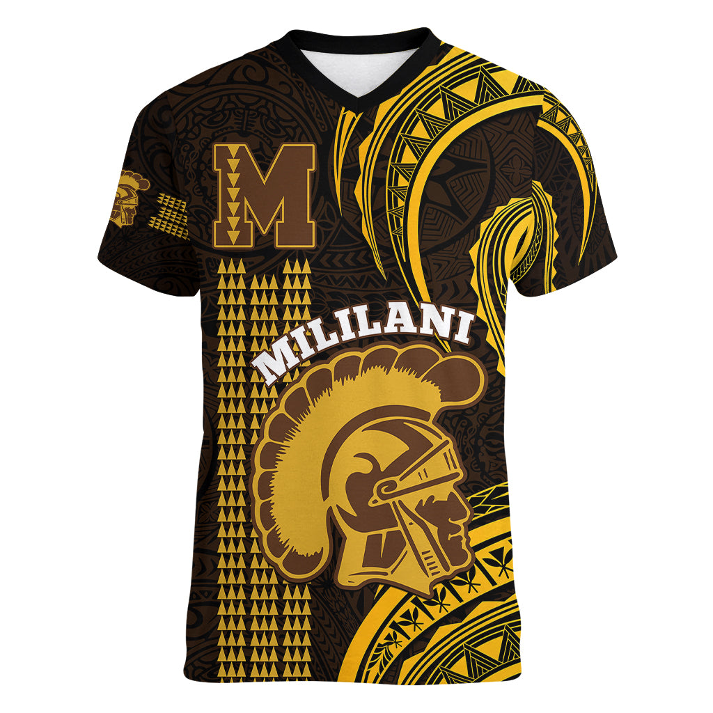 Personalised Hawaii Mililani High School Women V Neck T Shirt Polynesian Kakau Pattern LT14 Female Gold - Polynesian Pride