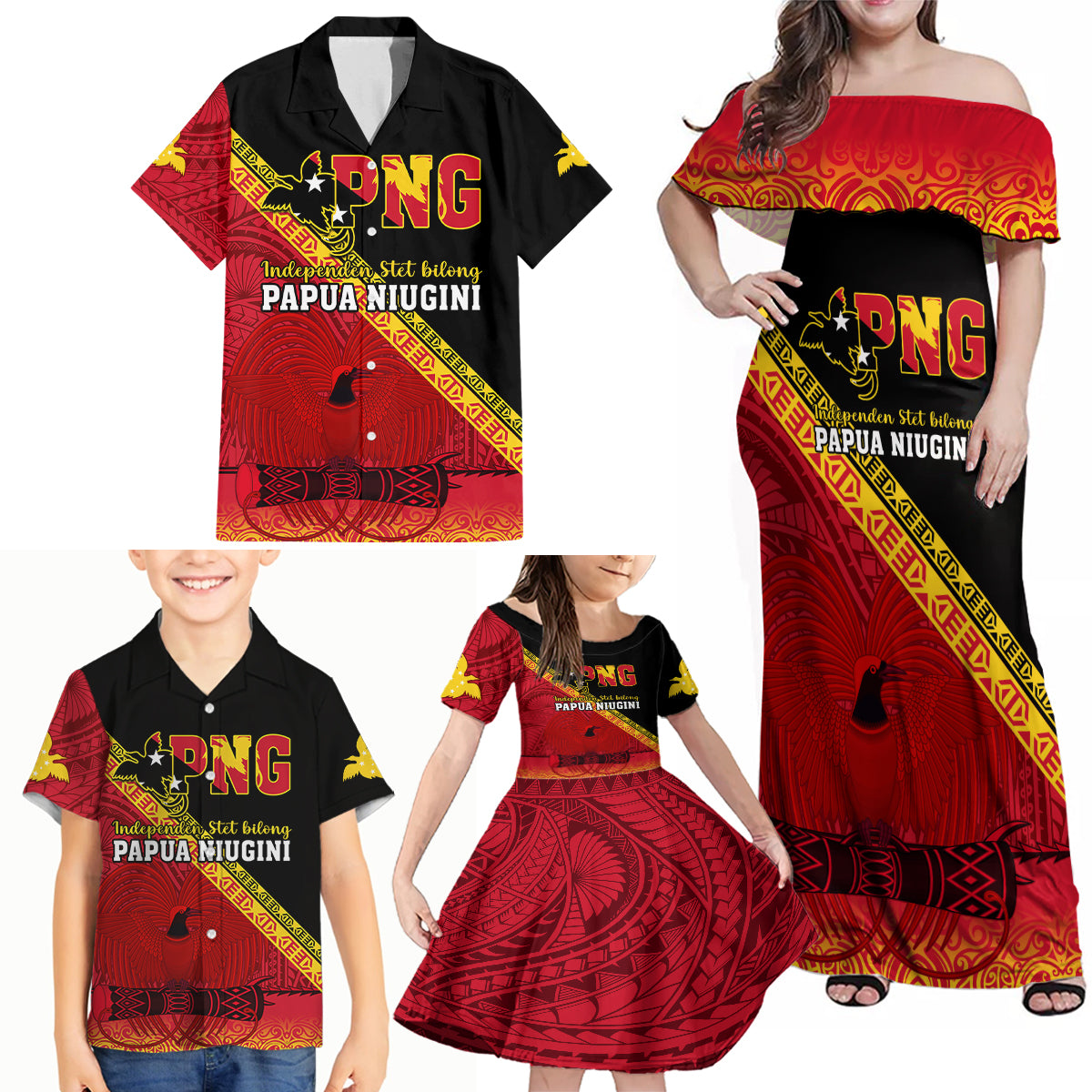 Papua New Guinea Family Matching Off Shoulder Maxi Dress and Hawaiian Shirt Independen Stet bilong Papua Niugini Unique Version LT14 - Polynesian Pride