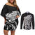 New Zealand Eel Couples Matching Off Shoulder Short Dress and Long Sleeve Button Shirt Tuna Aotearoa Maori Patten - Black