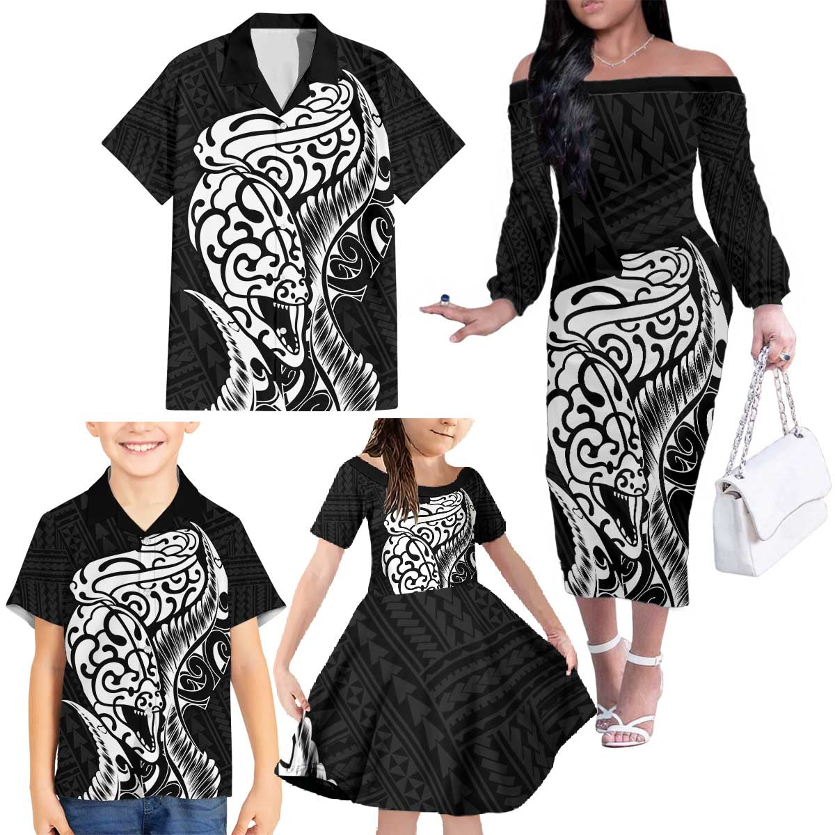 New Zealand Eel Family Matching Off The Shoulder Long Sleeve Dress and Hawaiian Shirt Tuna Aotearoa Maori Patten - Black