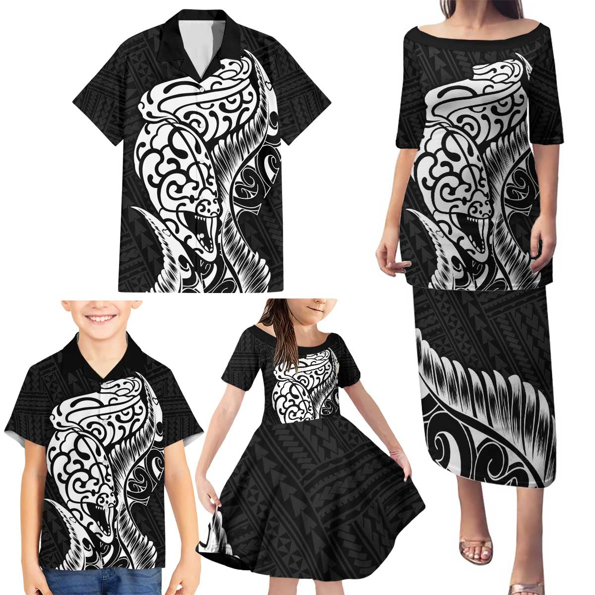 New Zealand Eel Family Matching Puletasi and Hawaiian Shirt Tuna Aotearoa Maori Patten - Black