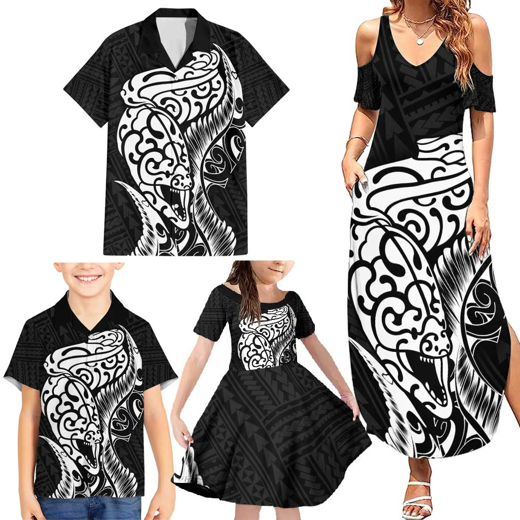 New Zealand Eel Family Matching Summer Maxi Dress and Hawaiian Shirt Tuna Aotearoa Maori Patten - Black