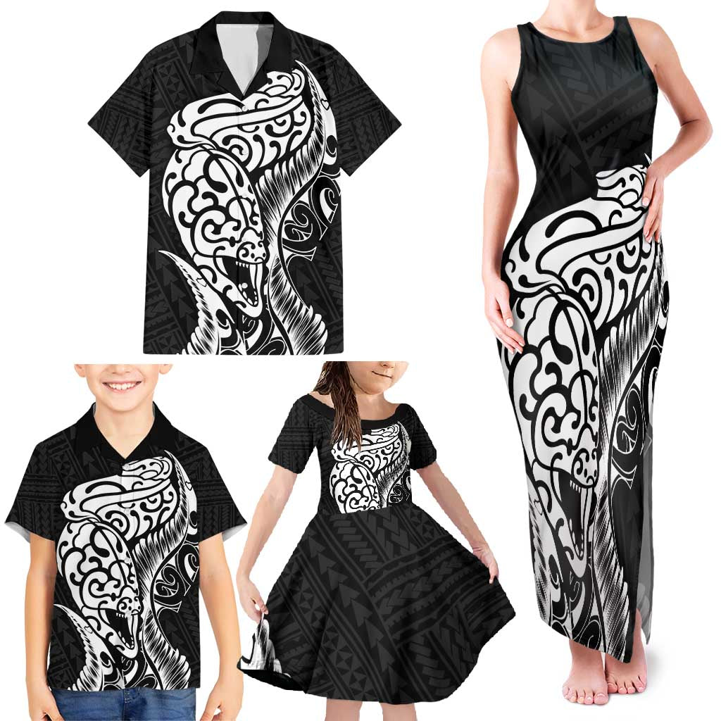 New Zealand Eel Family Matching Tank Maxi Dress and Hawaiian Shirt Tuna Aotearoa Maori Patten - Black