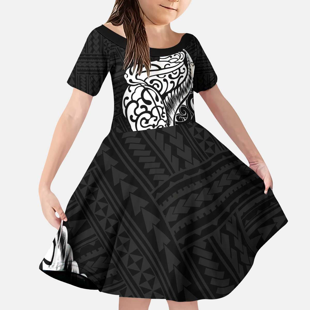 New Zealand Eel Kid Short Sleeve Dress Tuna Aotearoa Maori Patten - Black