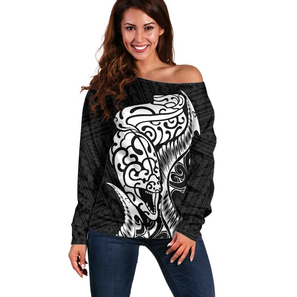 New Zealand Eel Off Shoulder Sweater Tuna Aotearoa Maori Patten - Black LT14 Women Black - Polynesian Pride