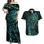 New Zealand Eel Couples Matching Off Shoulder Maxi Dress and Hawaiian Shirt Tuna Aotearoa Maori With Paua Shell - Turquoise